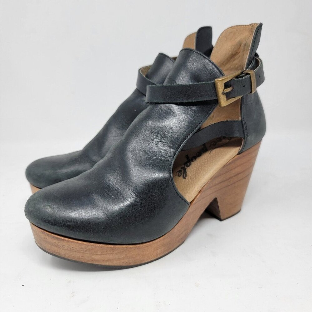 Black Leather Platform Slingback Heels with Wood Block Heel